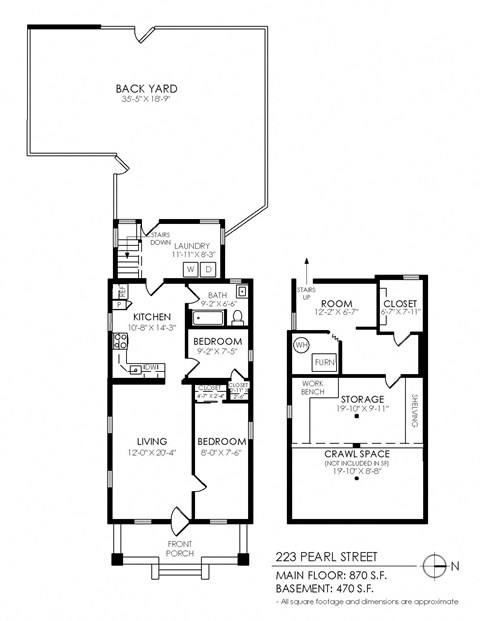 Floor plan for 2 beds, 1 bath, 1340 sqft